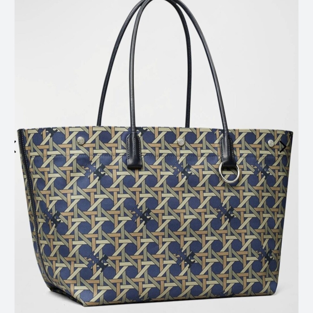 Tory Burch Basketweave Canvas/ Leather Handles Tote Bag Navy